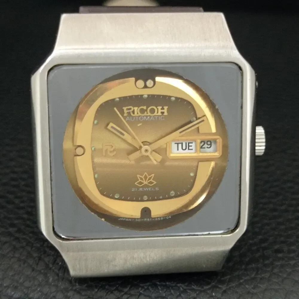 Vintage 1988 Ricoh Automatic Mens Silver Watch W/daydate & Gold accents